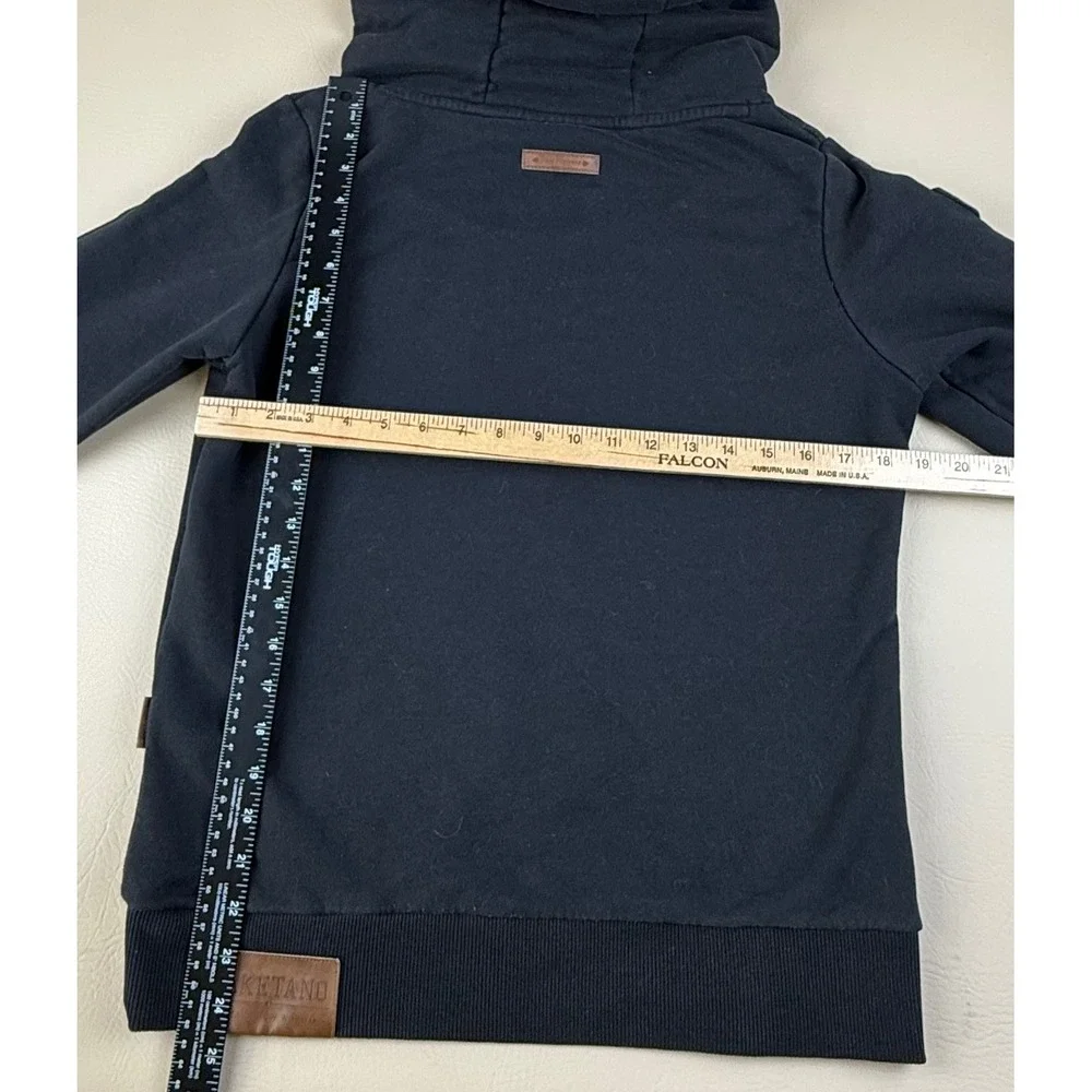 Naketano‎ Large Hoodie Cowl Neck Navy Cotton Blend Faux Leather Patch